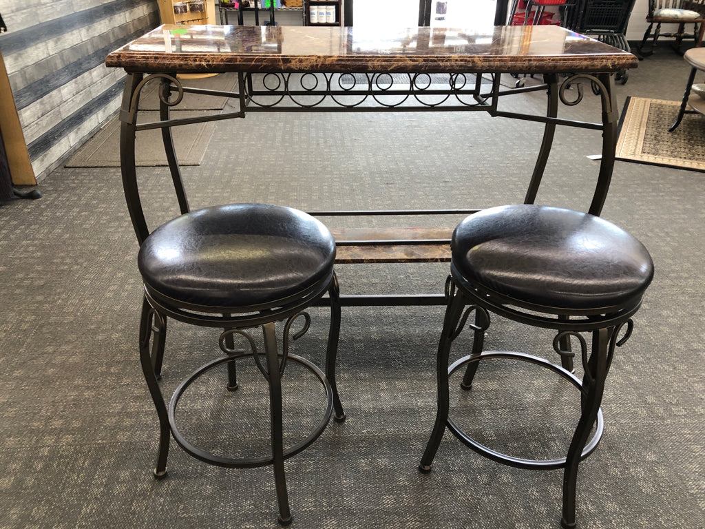 3PC FAUX GRANITE TOP BAR/ISLAND W STORAGE AND 2 STOOLS.