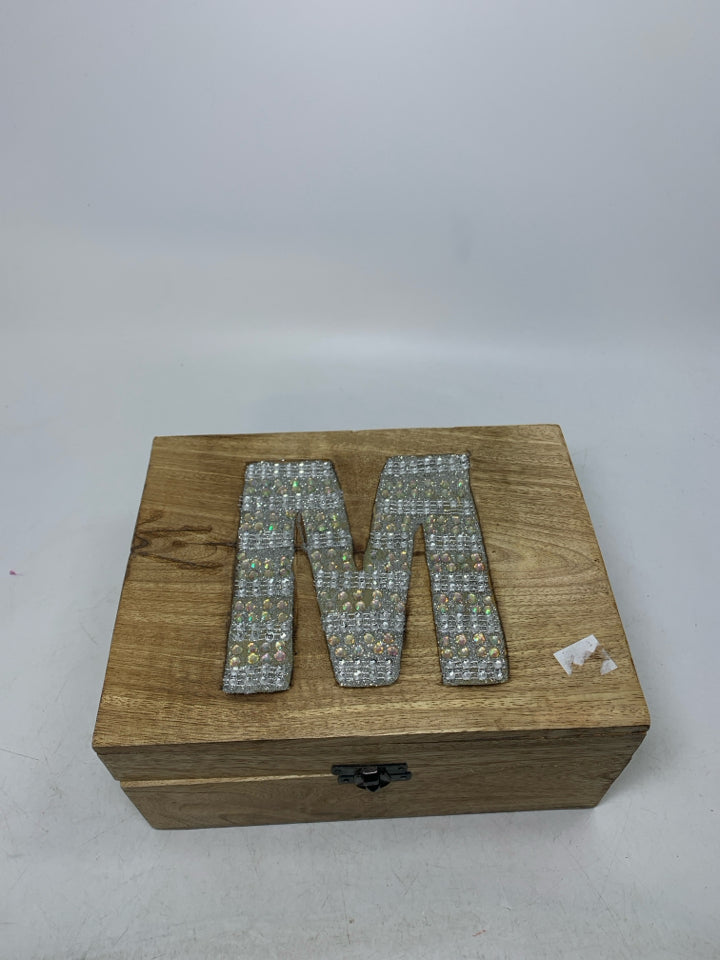 WOOD BOX W/  SPARKLE MONOGRAM "M" JEWELRY BOX.