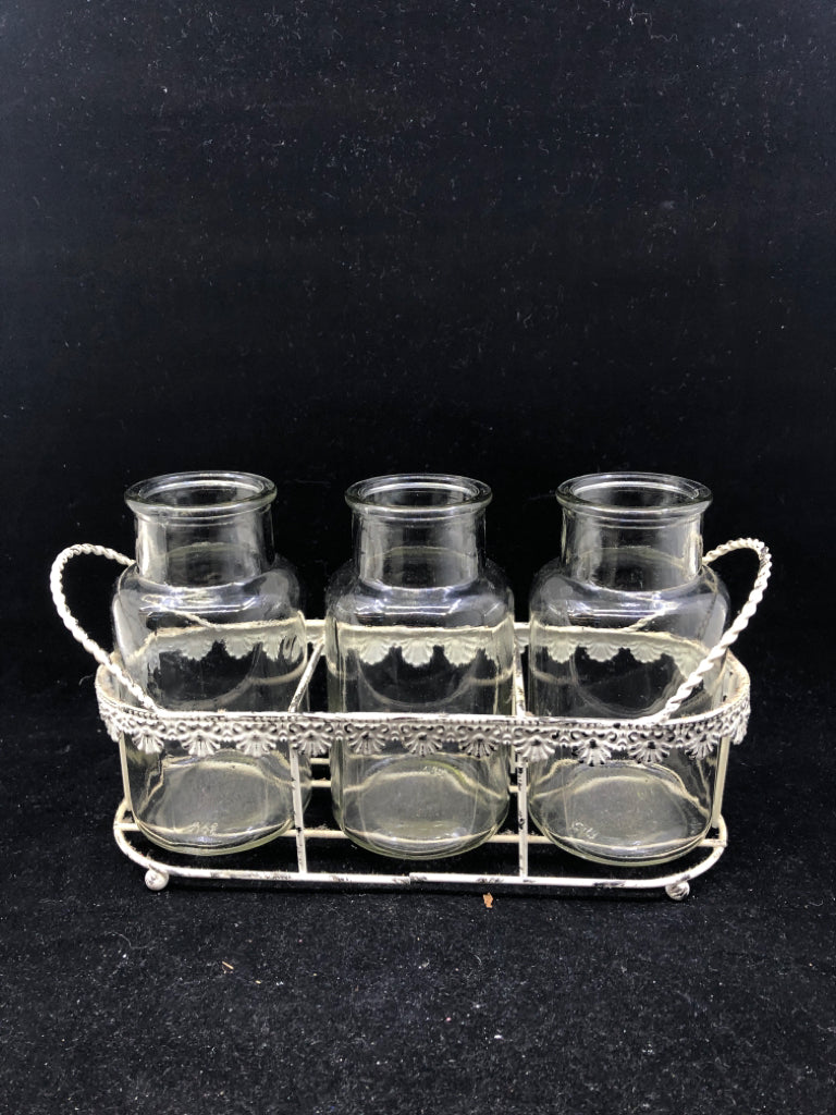 3 CLEAR GLASS VASES IN DISTRESSED CREAM METAL HOLDER W HANDLES.