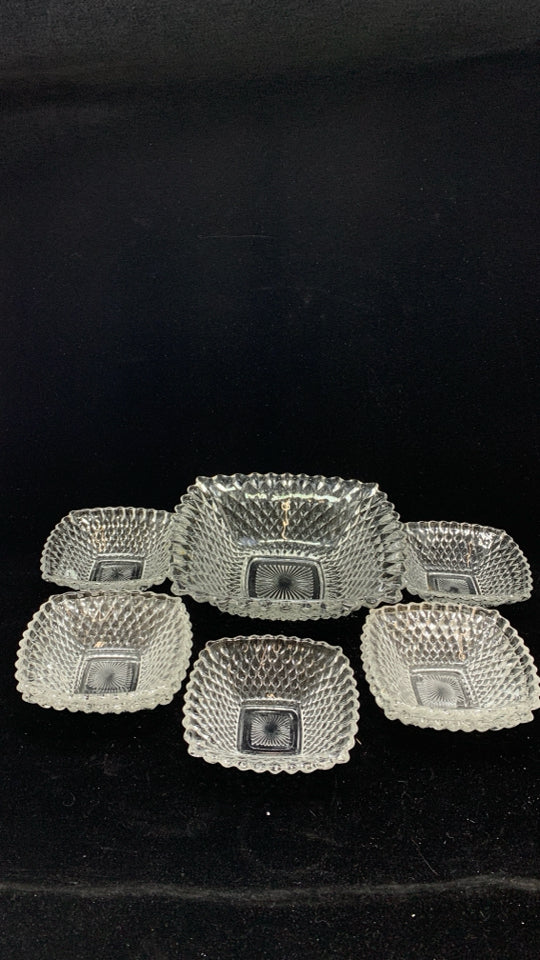 8PC DIAMOND CUT GLASS CANDY AND NUT DISH SET.