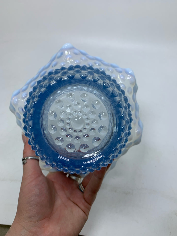 VTG BLUE/WHITE OPALESCENT HOBNAIL VASE W/ RUFFLED EDGE.