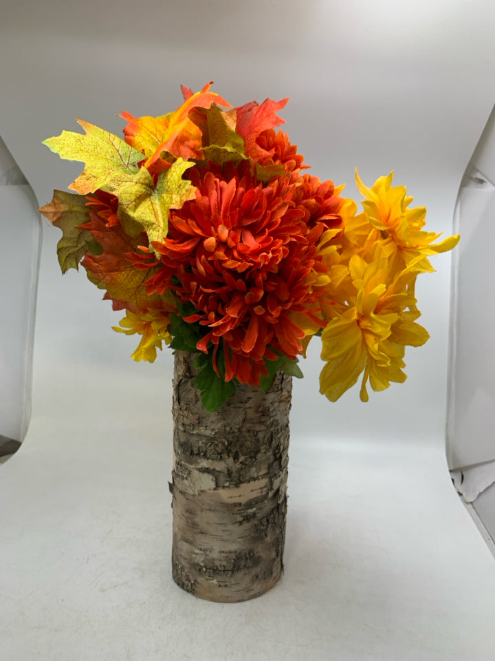 BARK WRAPPED VASE W/ FALL COLORED FLOWERS.