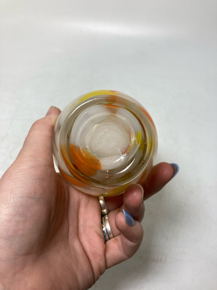 BLOWN GLASS ORANGE/YELLOW STRIPED VASE RUFFLE EDGE.