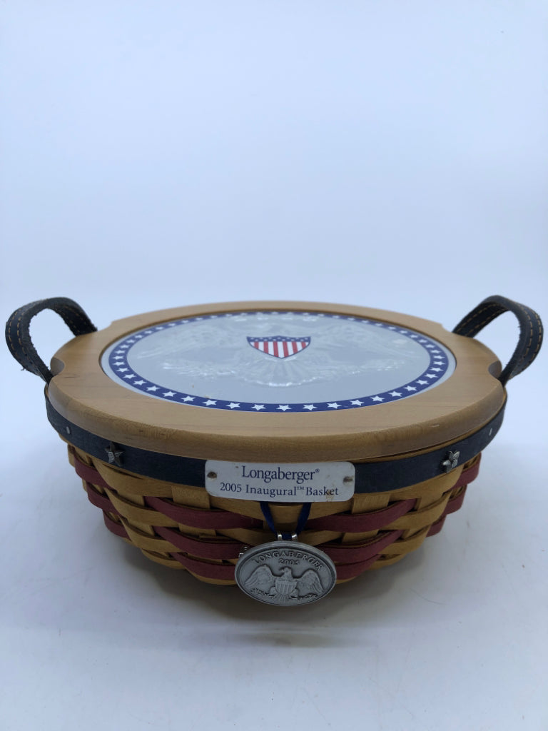 2005 INAUGURAL ROUND BASKET LEATHER HANDLES, LID, PROTECTOR & TIE ON.