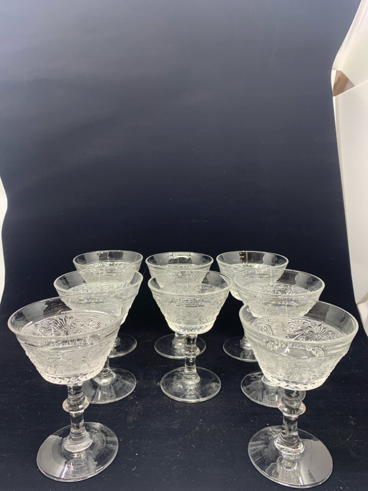 8 FOOTED ETCHED TALL WINE GLASSES.