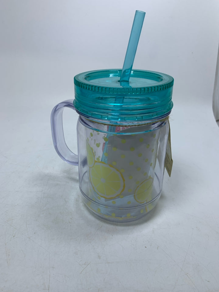 NEW PLASTIC LEMON PATTERN MASON JAR W/ STRAW CUP.