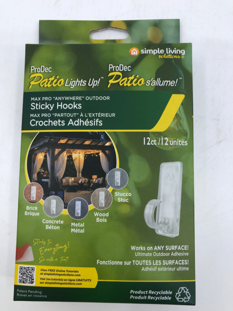 NIB 12CT STICKY HOOKS PRODEC PATIO LIGHTS UP!