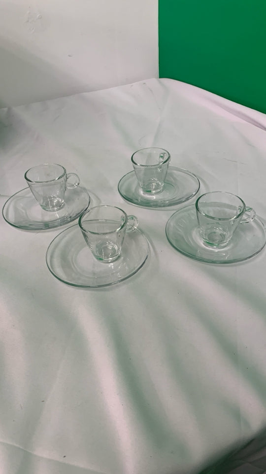 8PC CLEAR GLASS ESPRESSO SET - 4 CUPS, 4 SAUCERS.