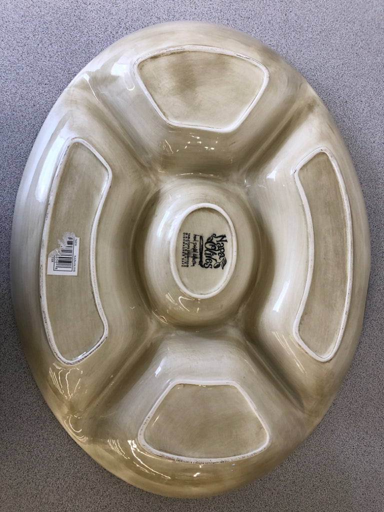 DIVIDED BLACK AND GREEN OLIVE SERVING PLATE.