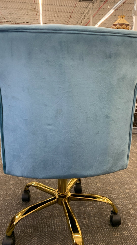 TEAL BLUE VELOUR OFFICE SWIVEL CHAIR W/ GOLD STUDS/LEGS.