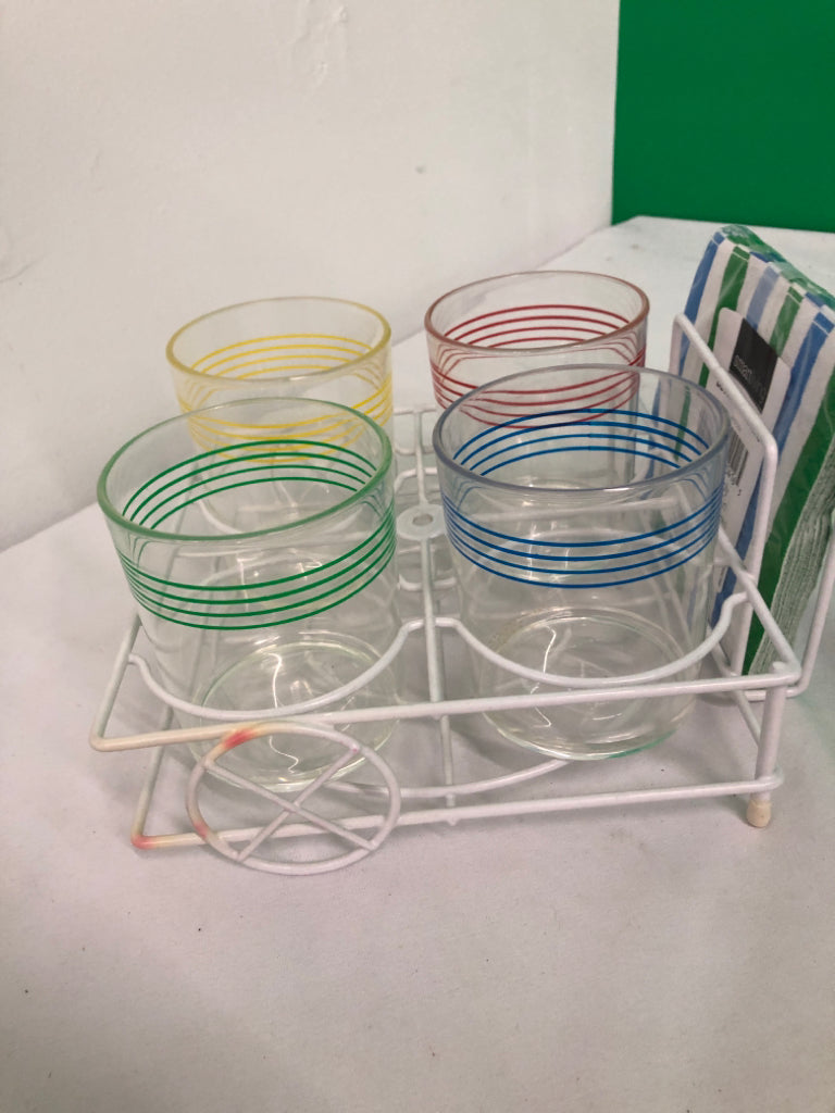 NEW MELAMINE CUP SET W NAPKINS AND METAL HOLDER.