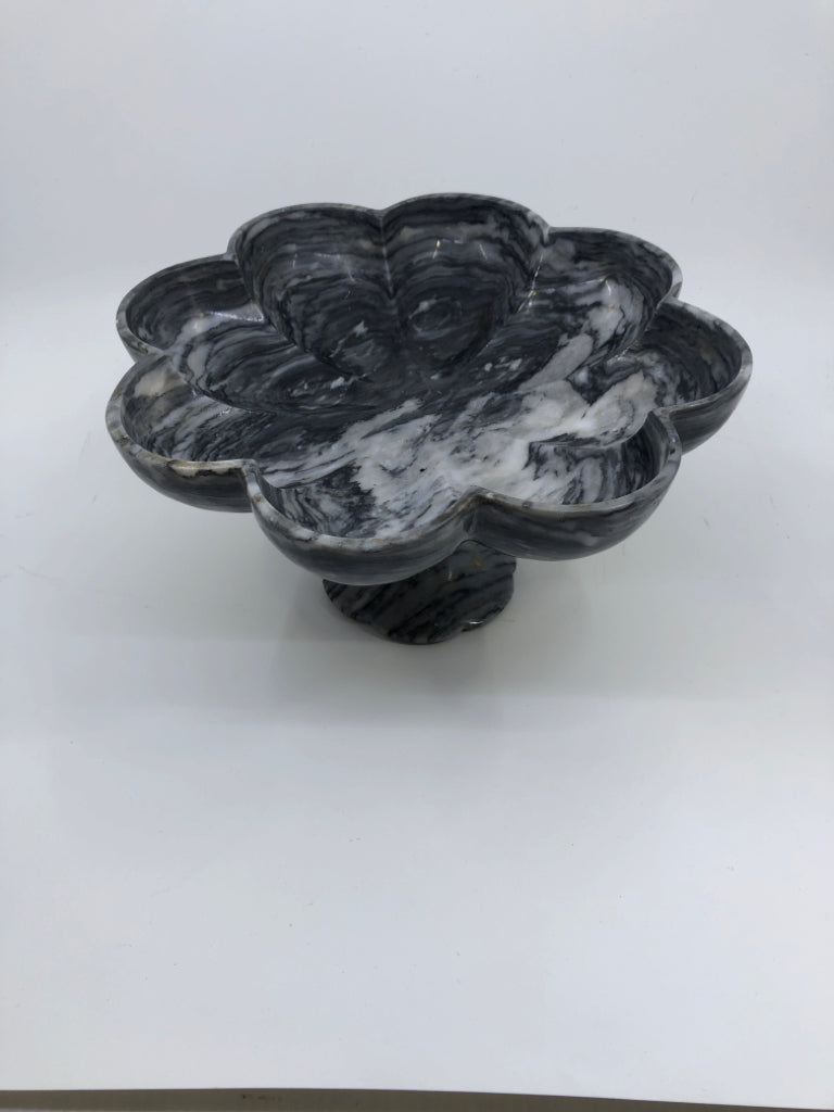HEAVY GREY STONE FOOTED FLOWER SHAPED CANDY DISH.