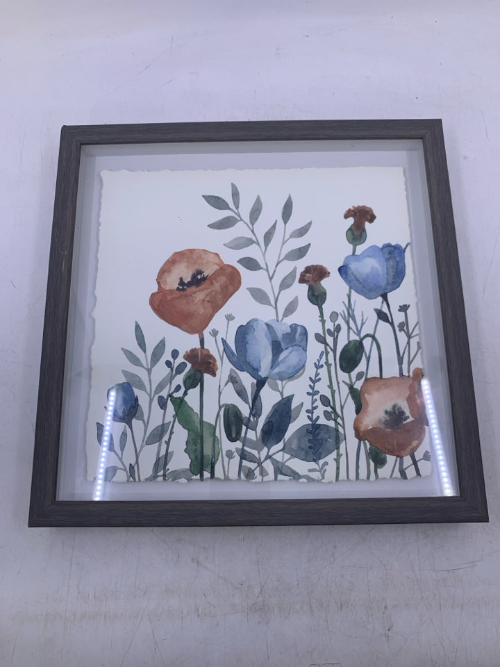 SHADOW BOX W/ RED/BLUE FLOWERS GREY FRAME.