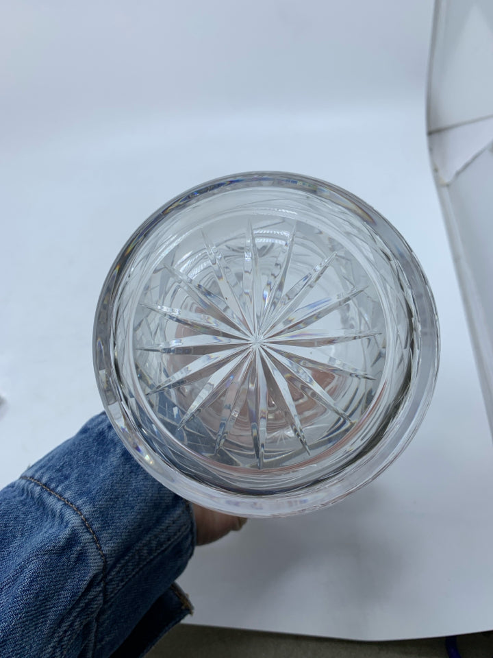 CRYSTAL DECANTER STAR DETAILS AND LARGE BALL STOPPER.