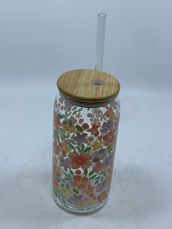 PEACH/PURPLE FLOWER PAINTED GLASS TUMBLER.