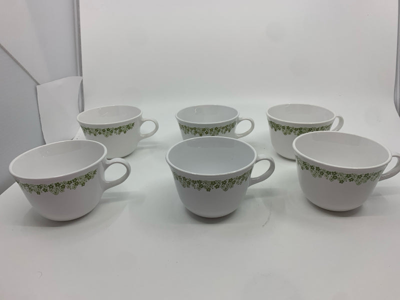 6 GREEN FLORAL CORELLE MUGS.