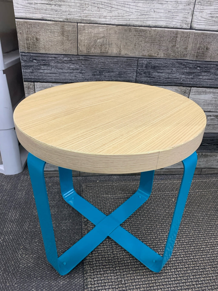 SMALL BAMBOO TABLE W BLUE LEGS.