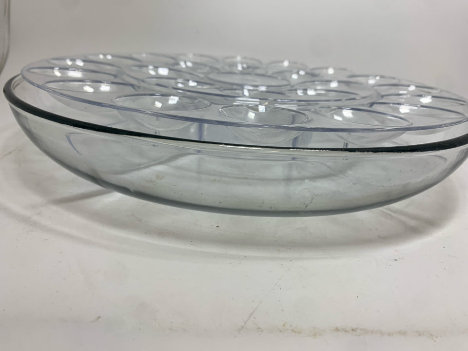 GLASS BOWL W/PLASTIC EGG AND DIP INSERTS.