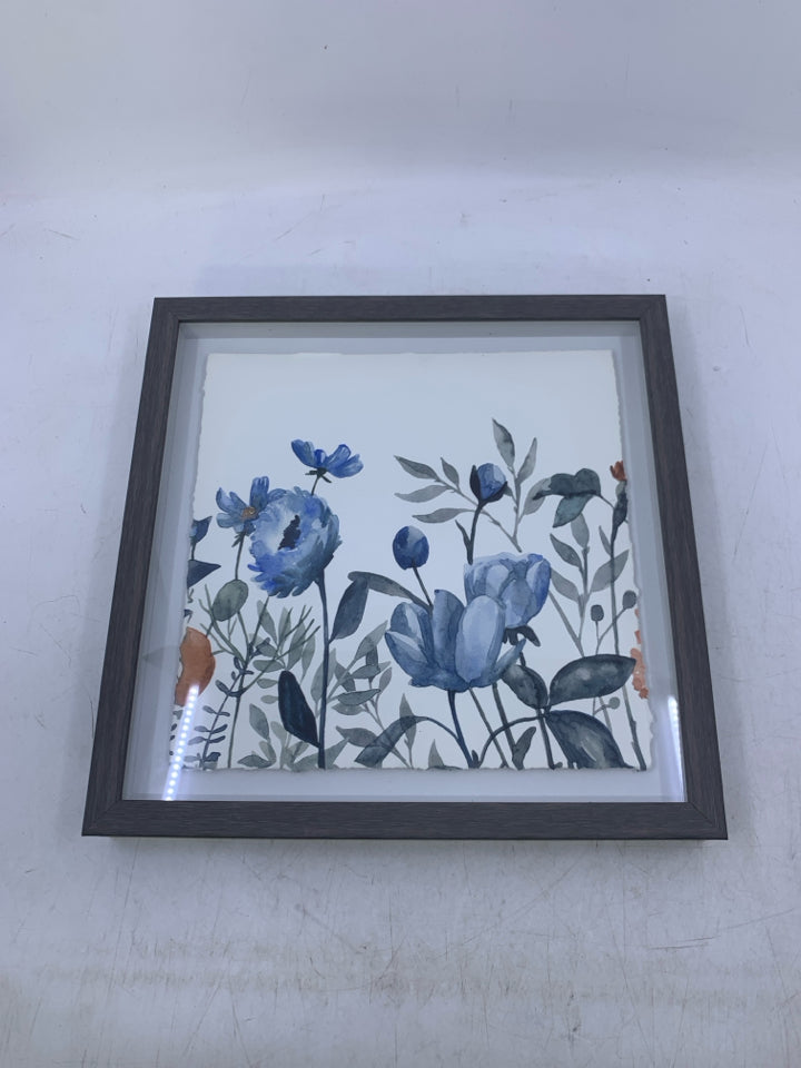 SHADOW BOX W/ RED/BLUE FLOWERS GREY FRAME.
