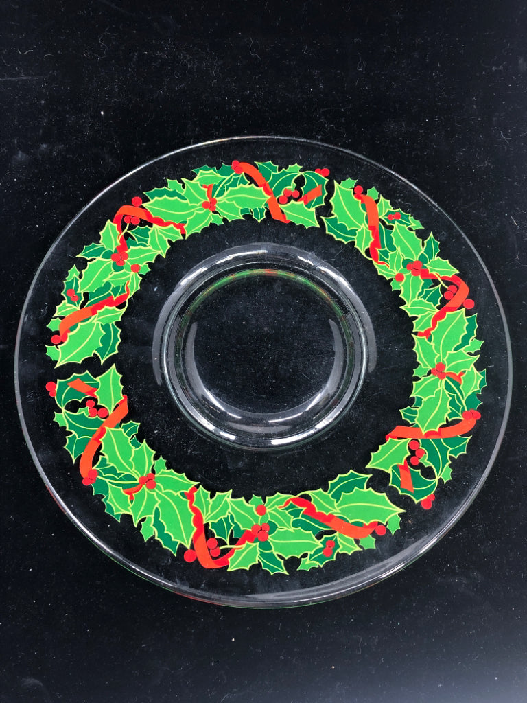 HOLLY & BERRIES GLASS PLATTER.