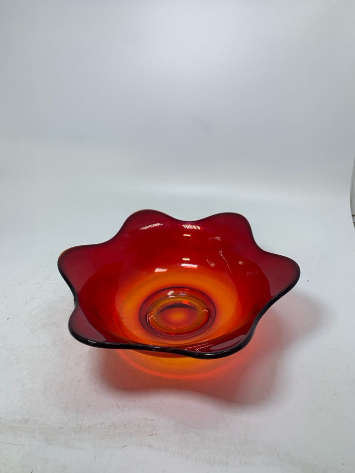 DARK RED GLASS FLOWER SHAPED BOWL.
