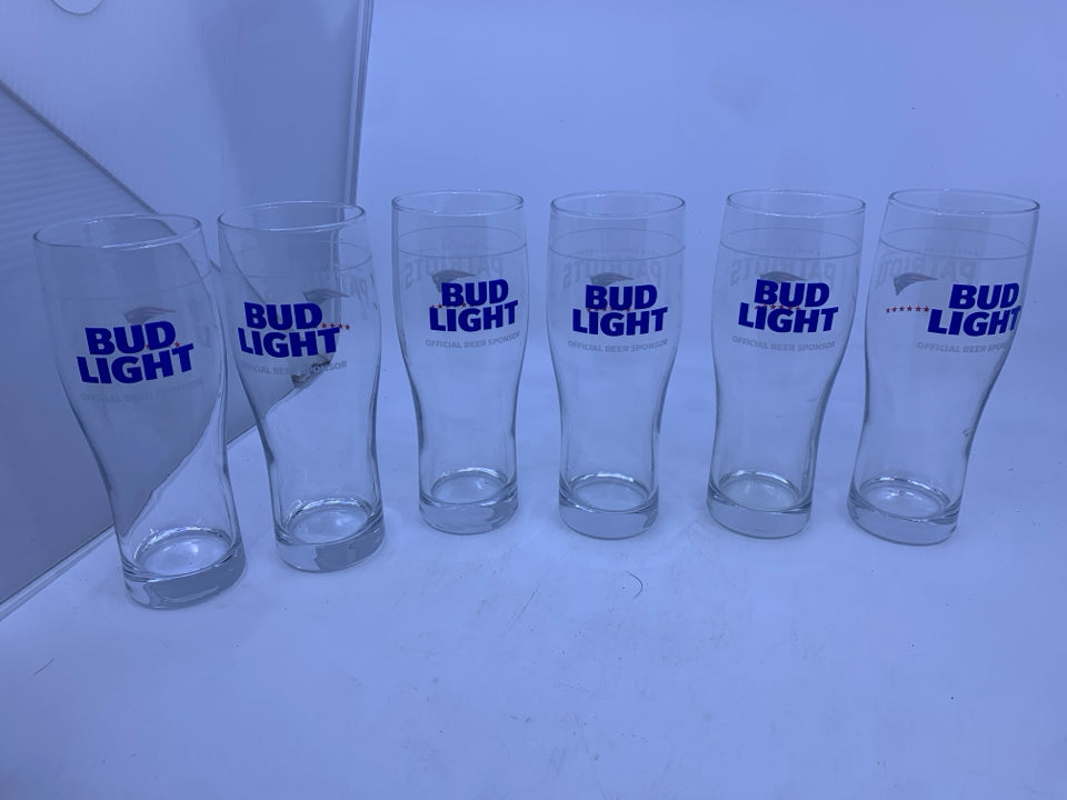 6 PATRIOTS BUDLIGHT BEER GLASSES.