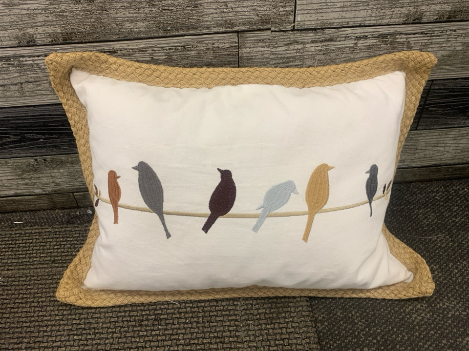 BIRDS ON BRANCH FABRIC PILLOW WITH BURLAP RIM.