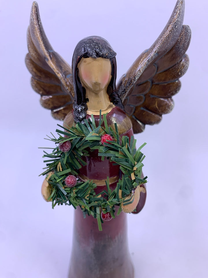 RESIN DARK BROWN HAIR ANGEL HOLDING HOLIDAY WREATH.