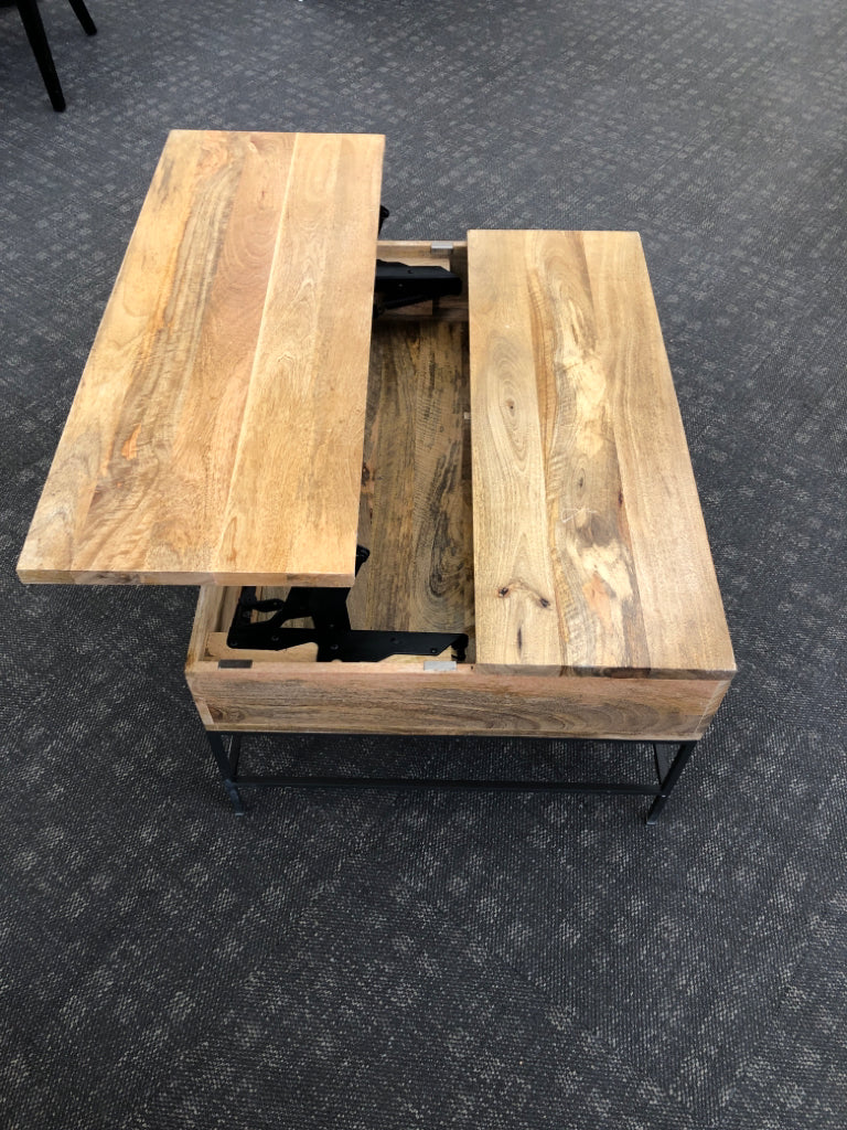 RECLAIMED WOOD COFFEE TABLE W/LIFT TOP, BLACK METAL BASE.