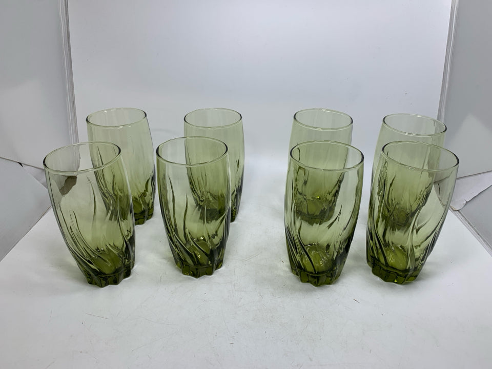 8 VTG AVOCADO GREEN SWIRL WAVE WATER GLASSES.