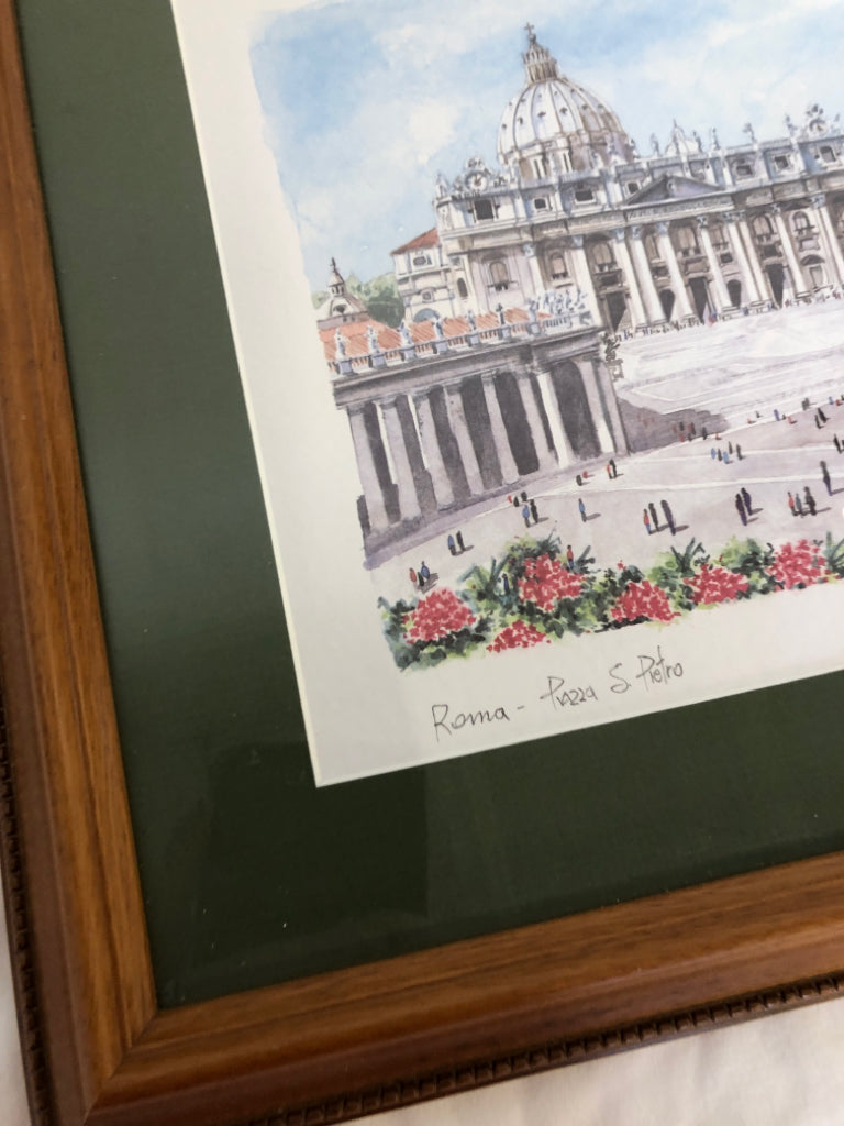 PAINTED ROMA-PAZZA S PIETRO CITY -SIGNED IN WOOD FRAME.