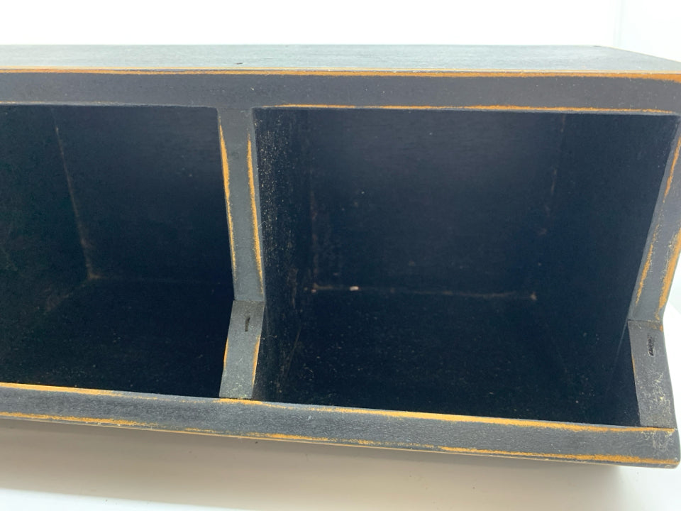 DISTRESSED 3-SECTION BLACK WOOD STORAGE CUBBY.