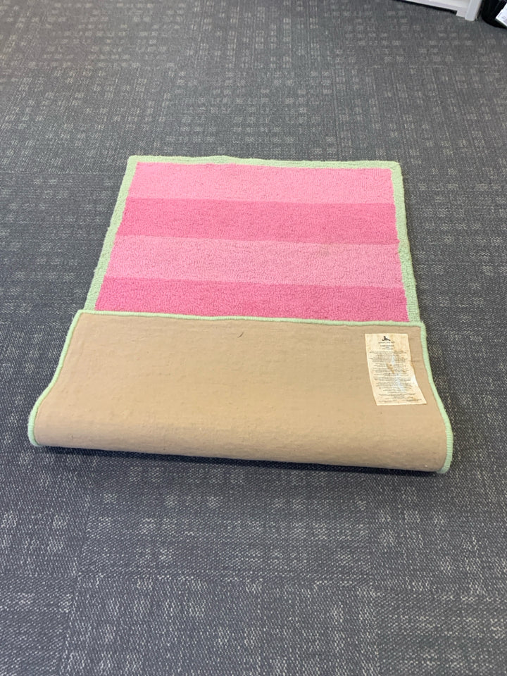HEAVY RUGBY STRIPPED PINK WITH GREEN BOARDER AREA RUG.