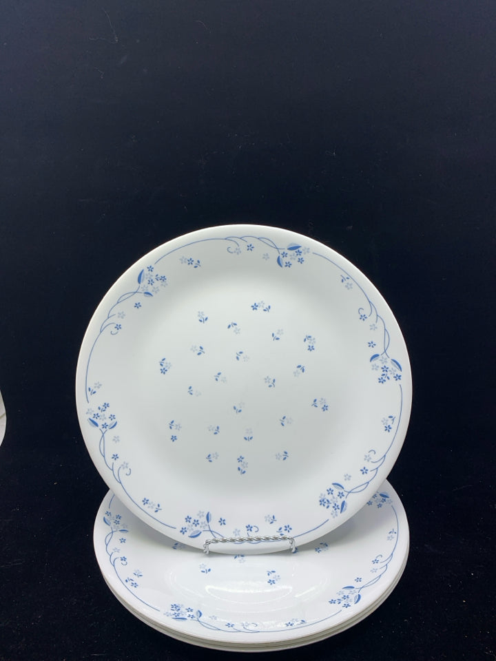 4 BLUE FLORAL CORELLE DINNER PLATES.