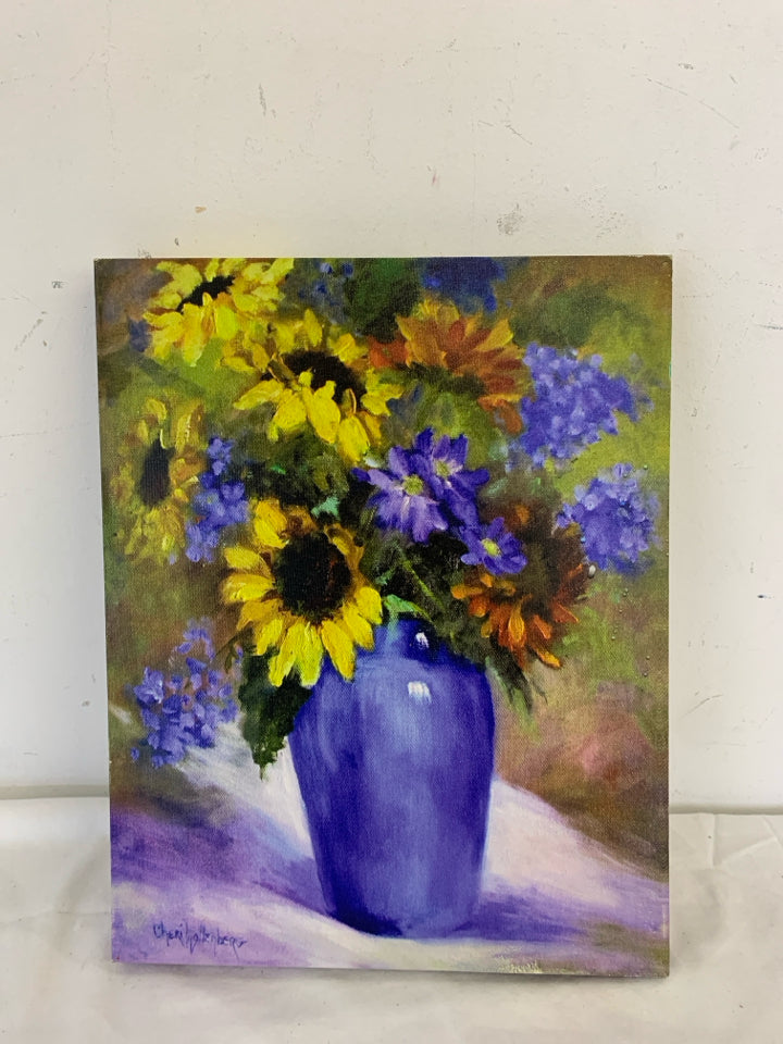 SUNFLOWERS AND PURPLE FLORAL IN BLUE VASE CANVAS WALL ART.