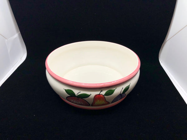 WHITE CERAMIC FRUIT BOWL W PINK RIM.