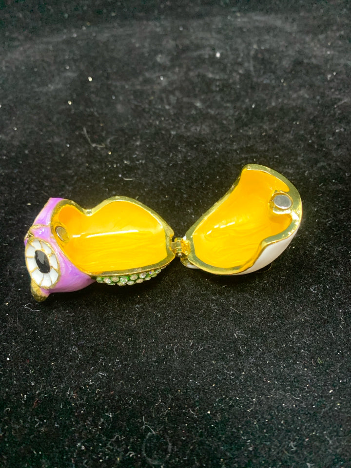 JEWELED PURPLE OWL TRINKET BOX.