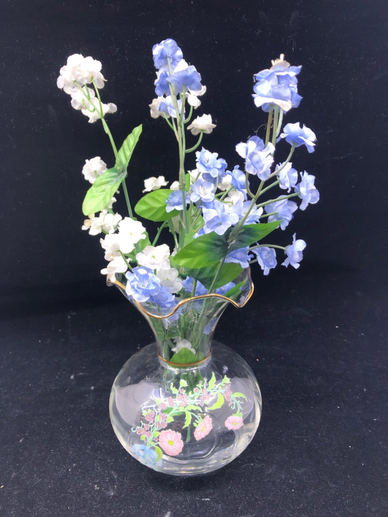 FAUX BLUE AND WHITE FLORAL IN PINK VTG CLEAR VASE.