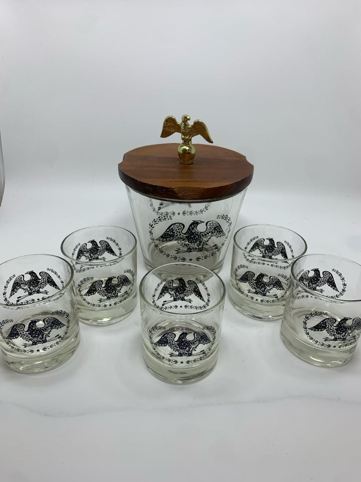 6PC VTG WHISKY GLASSES W/EAGLE DESIGN+ICE BUCKET W/LID.