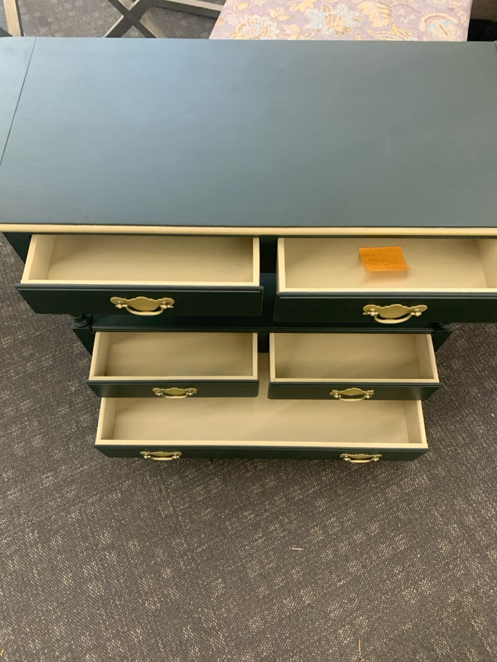 GREEN PAINTED CONSOLE/ BUFFET TABLE WITH FOLDING SIDES.