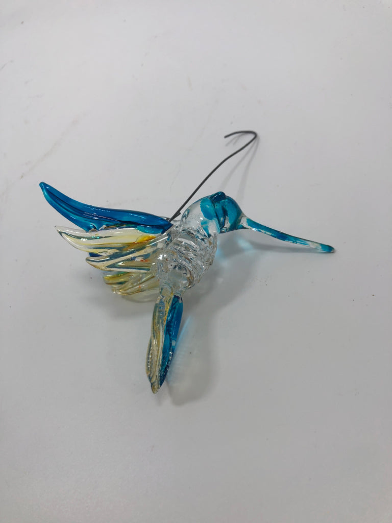 BLUE/YELLOW HUMMINGBIRD HAND BLOWN GLASS.