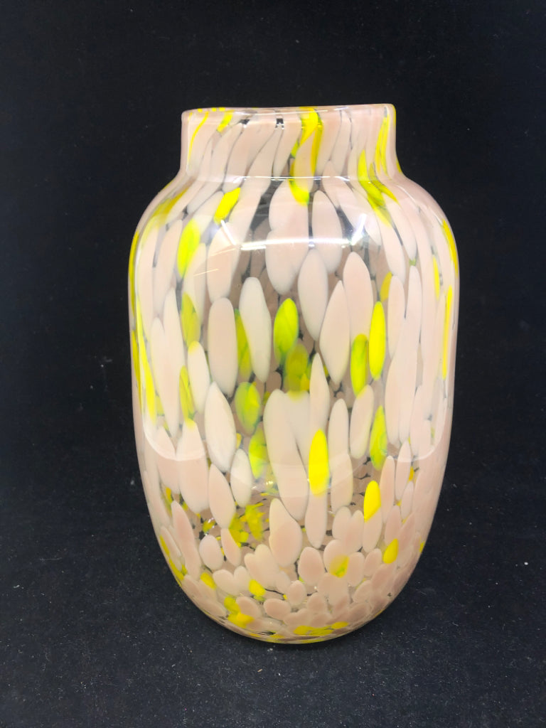 PINK AND YELLOW BLOWN GLASS VASE.