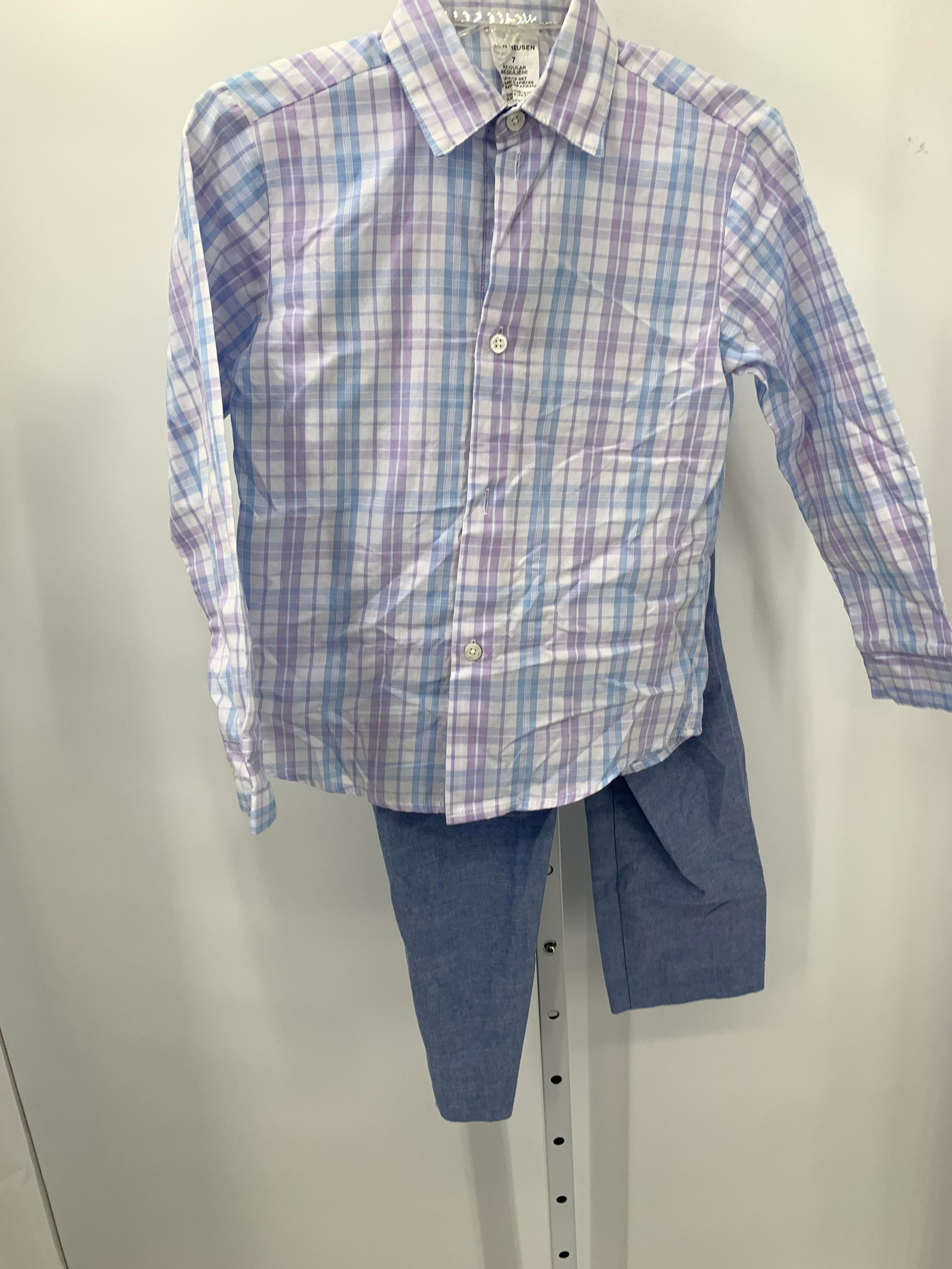 PURPLE PLAID SHIRT AND BLUE PANTS