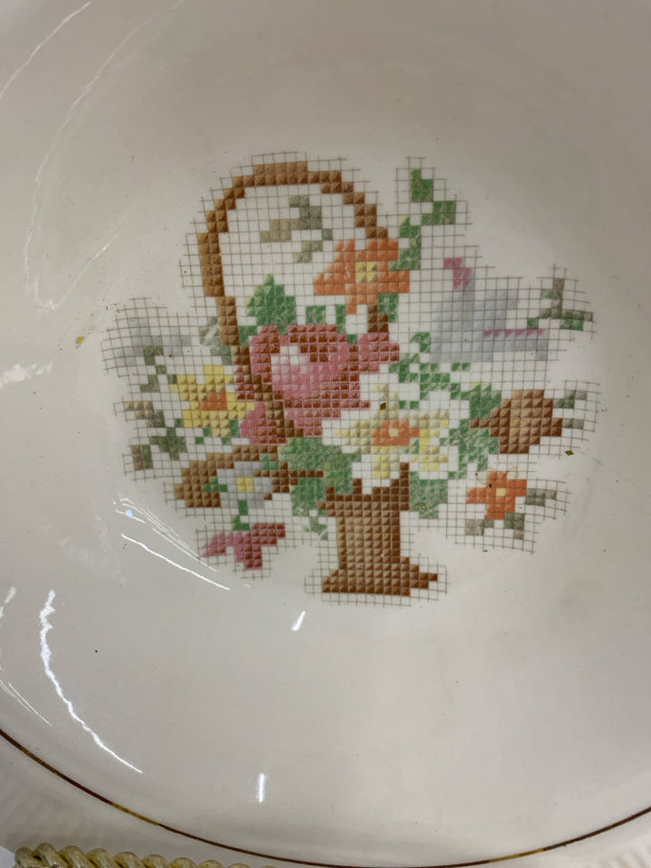 VTG CREAM SERVING BOWL BASKET OF FLOWERS SALEM.