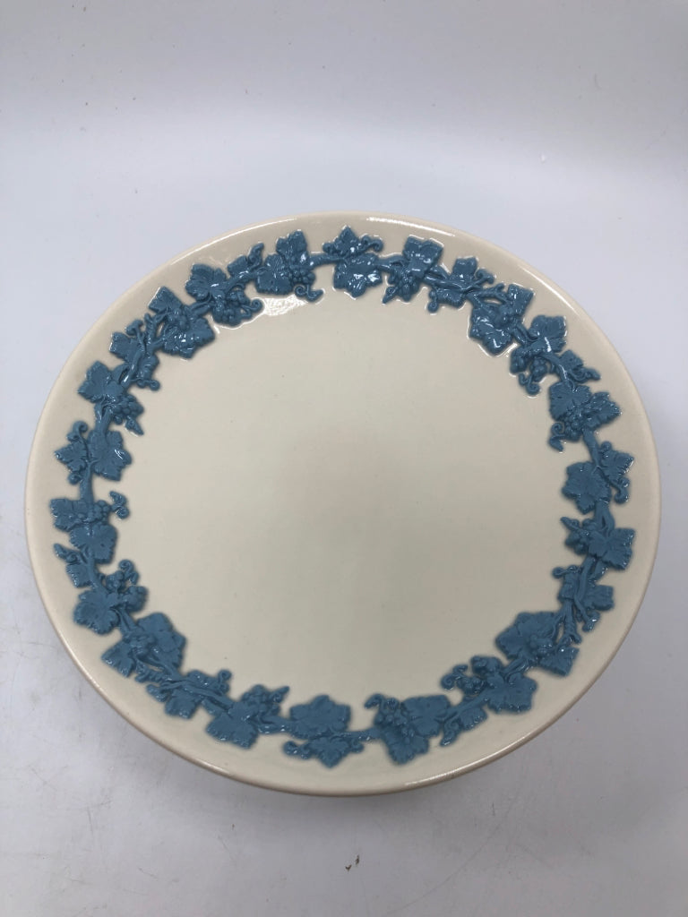 VTG QUEENSWARE PEDESTAL COMPOTE DISH BLUE ON WHITE.