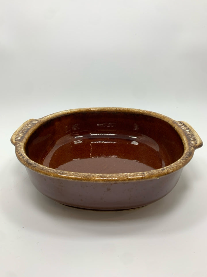 VTG BROWN DRIP GLAZE POTTERY BAKING DISH.