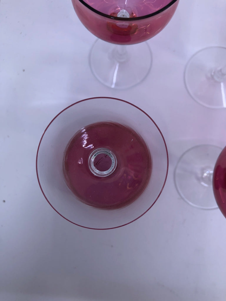 8 SMALL CLEAR STEM/ PINK TULIP WINE GLASSES.