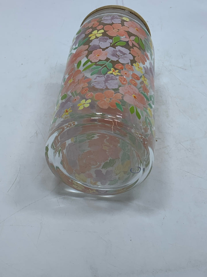 PEACH/PURPLE FLOWER PAINTED GLASS TUMBLER.