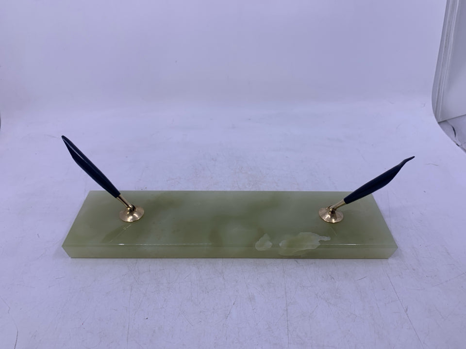 GREEN MARBLE BASE W/ 2 PEN HOLDERS.