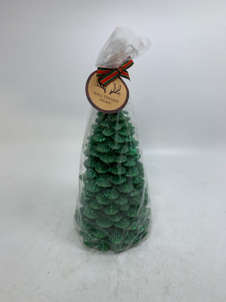 LARGE GREEN SPARKLE CHRISTMAS TREE CANDLE IN BAG.